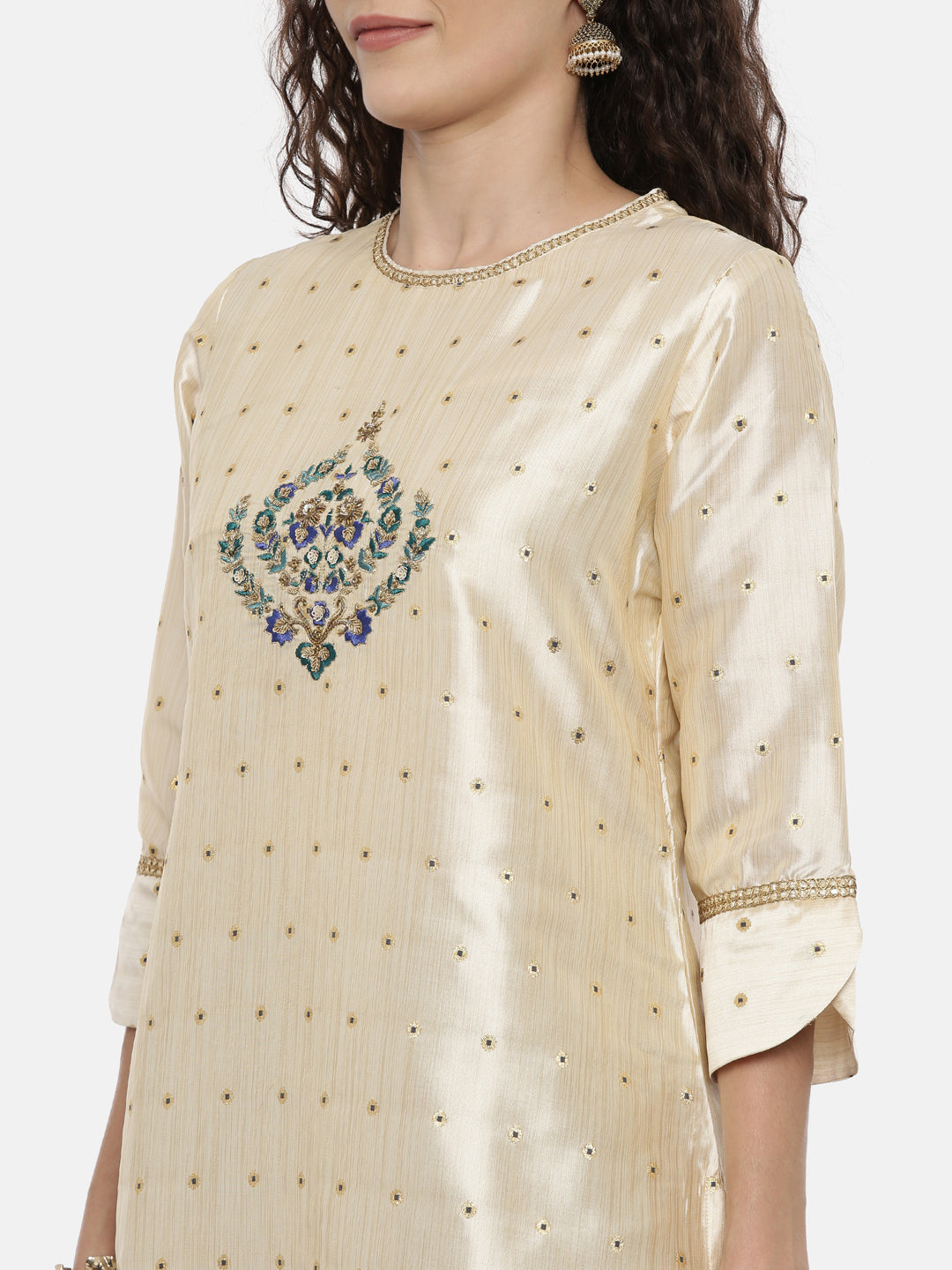 Neerus Beige georgette embroidered kurta set with skirt and dupatta - back view