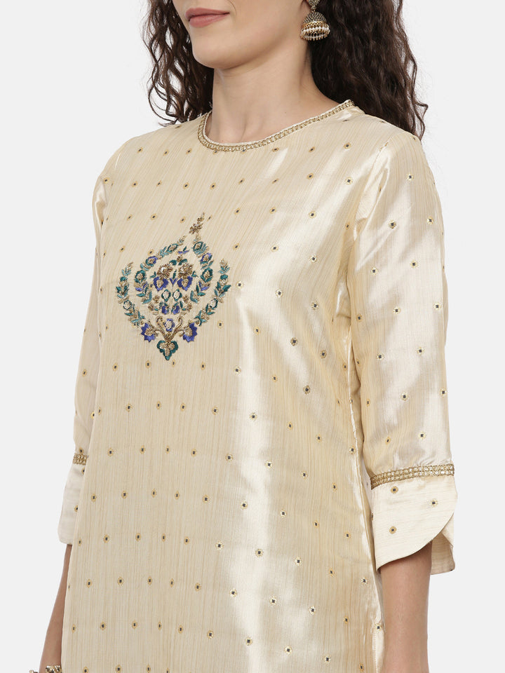 Neerus Beige georgette embroidered kurta set with skirt and dupatta - back view