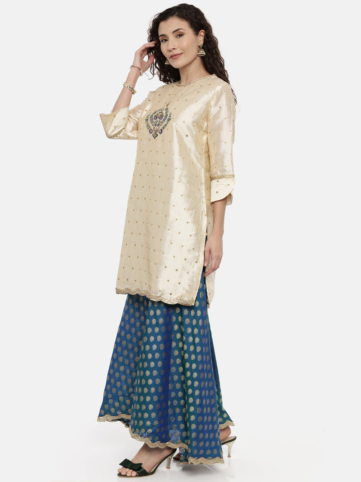 Neerus Beige georgette embroidered kurta set with skirt and dupatta - side view