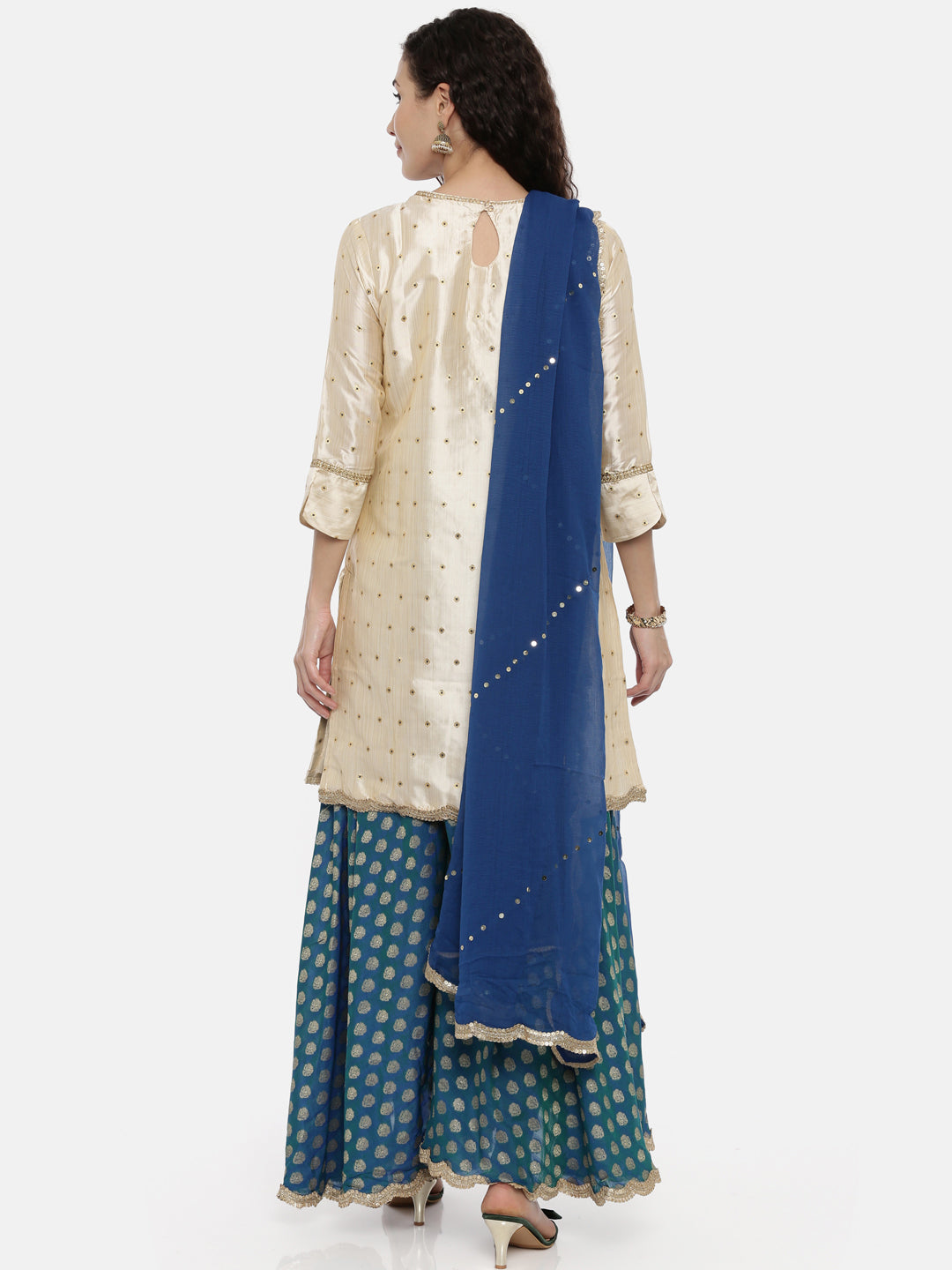 Neerus Beige georgette embroidered kurta set with skirt and dupatta - detail view 1