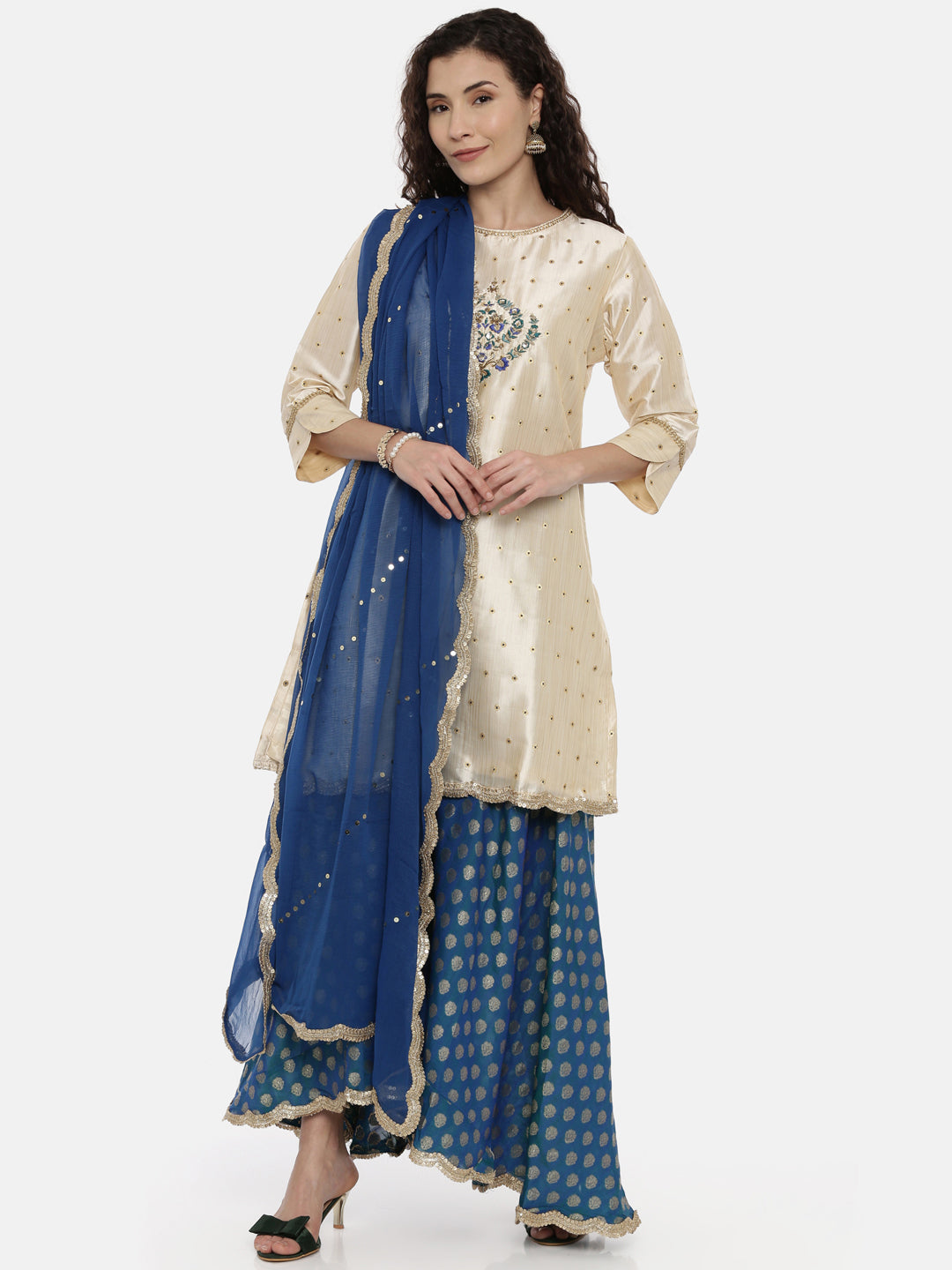 Neerus Beige georgette embroidered kurta set with skirt and dupatta - detail view 2