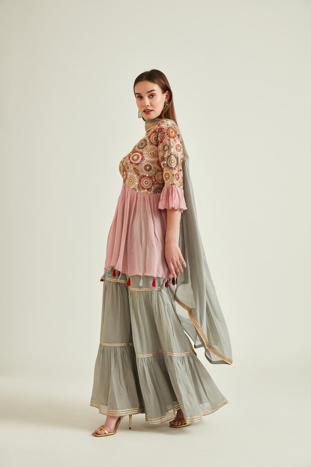 Neerus Pink Georgette Embroidered Kurta Set - back view