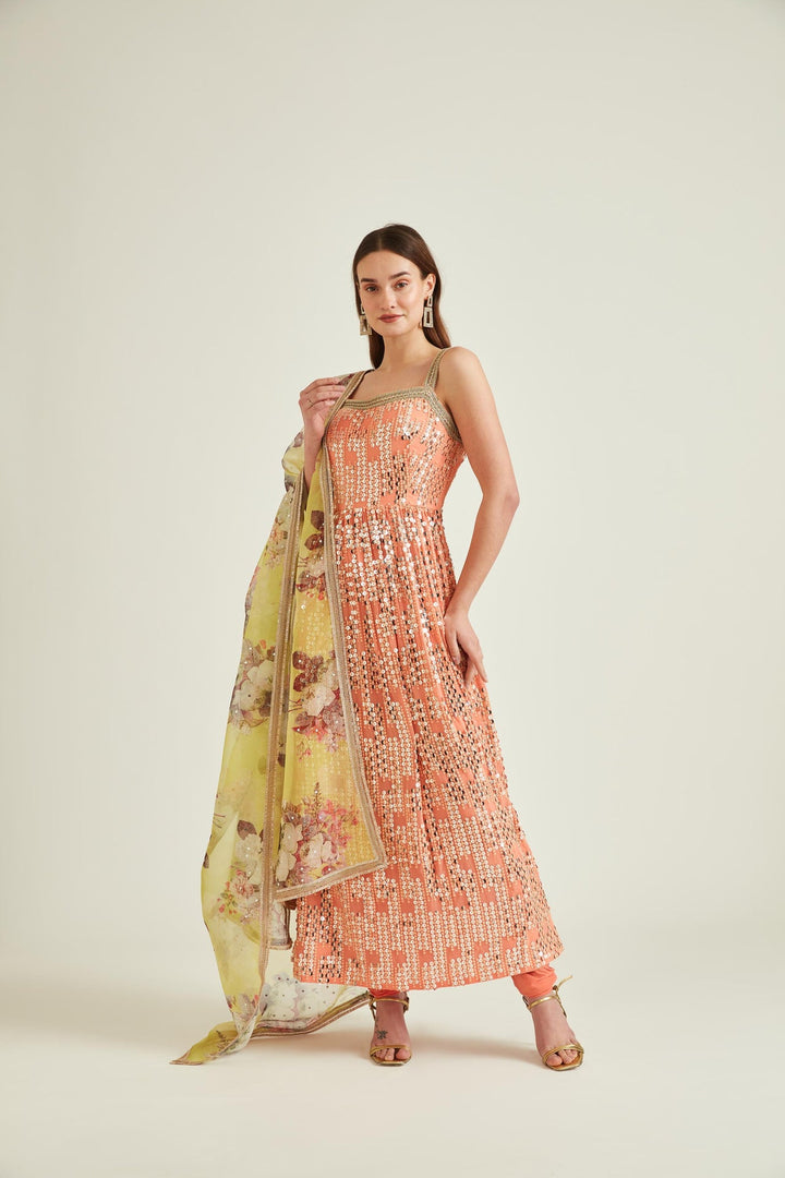 Neerus Orange Georgette Embroidered Anarkali Kurta Set - front view