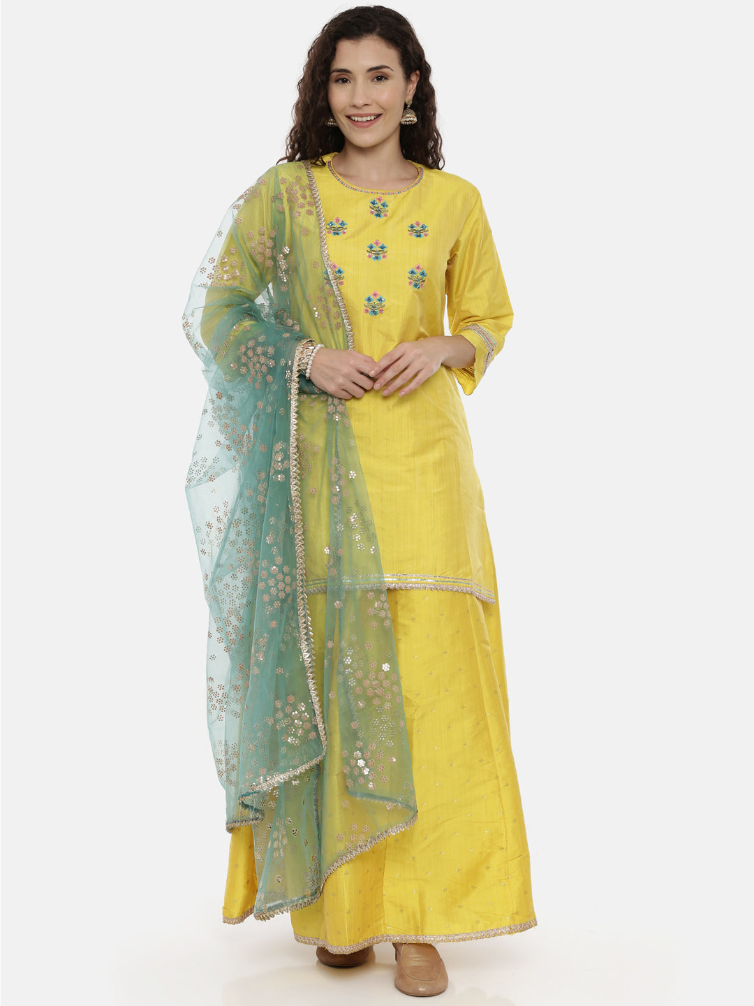 Neerus Yellow embroidered kurta set with skirt and dupatta - front view