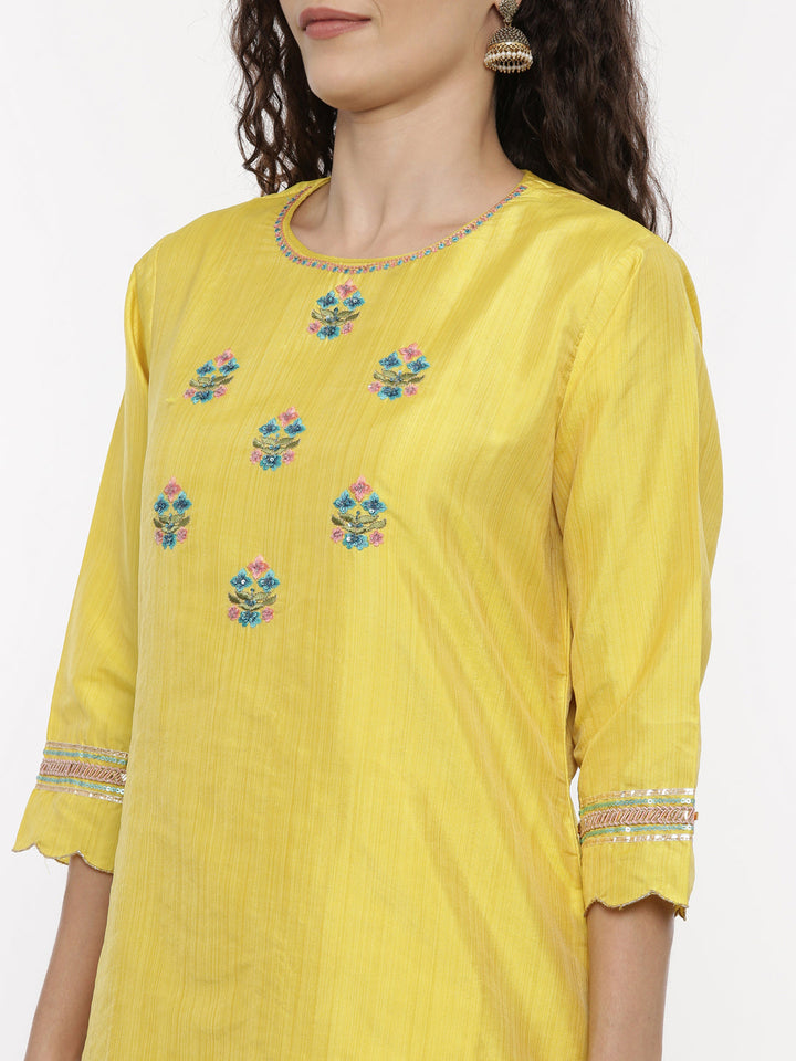 Neerus Yellow embroidered kurta set with skirt and dupatta - back view