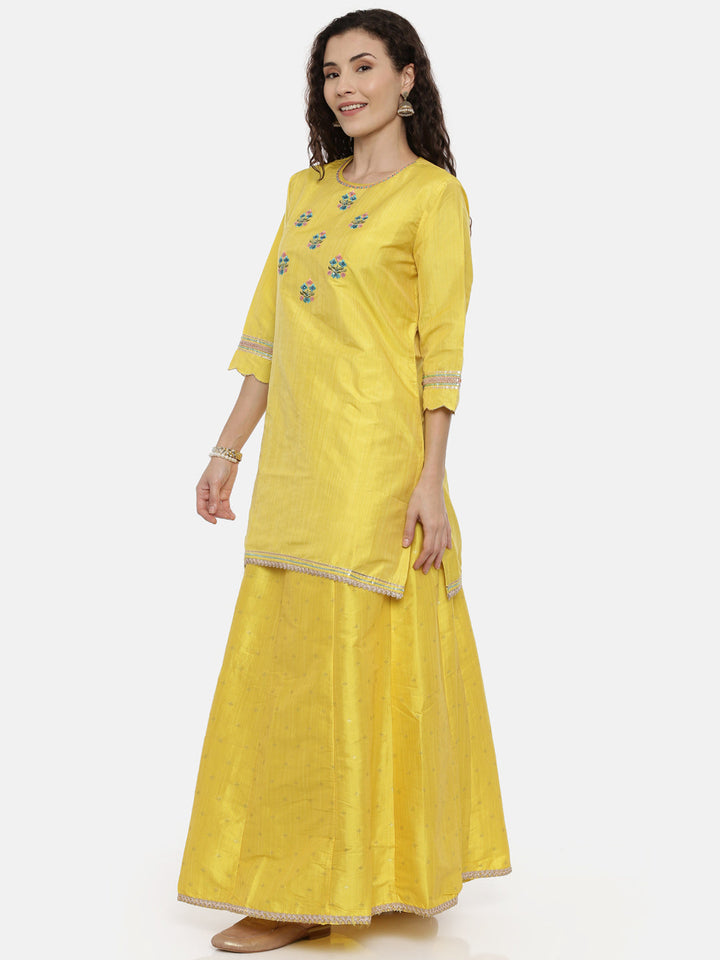 Neerus Yellow embroidered kurta set with skirt and dupatta - side view