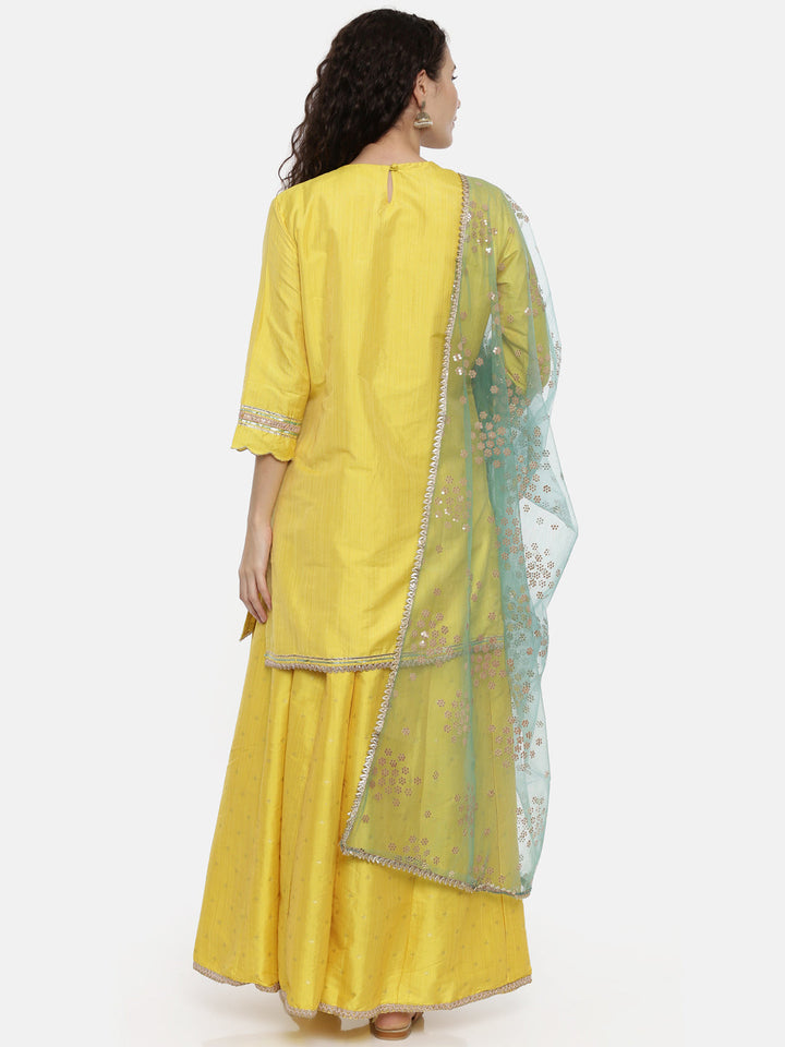 Neerus Yellow embroidered kurta set with skirt and dupatta - detail view 1