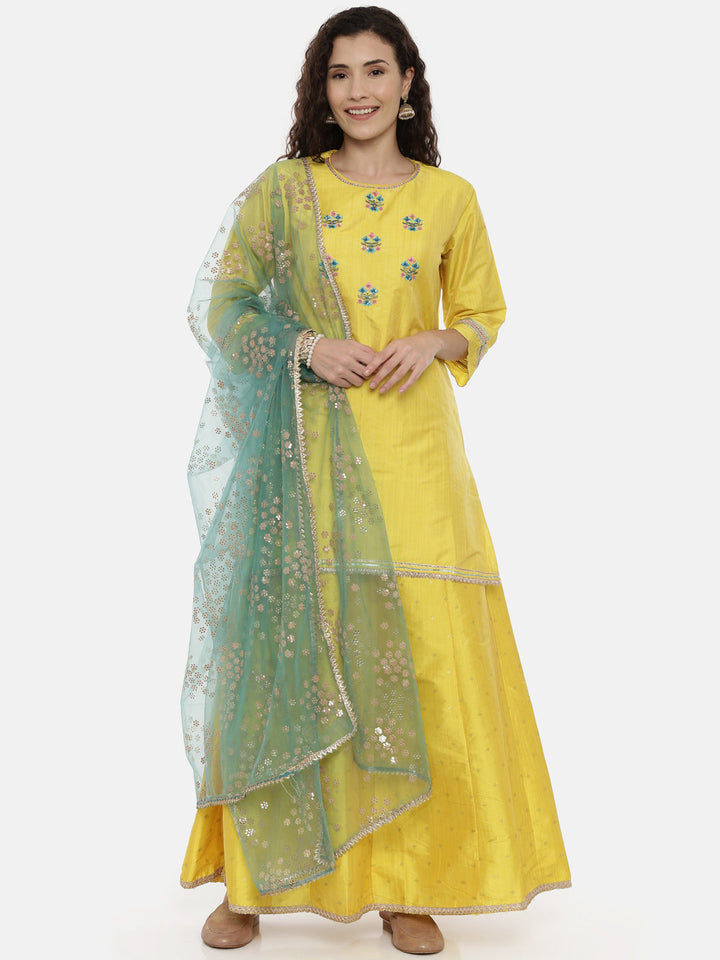 Neerus Yellow embroidered kurta set with skirt and dupatta - detail view 2
