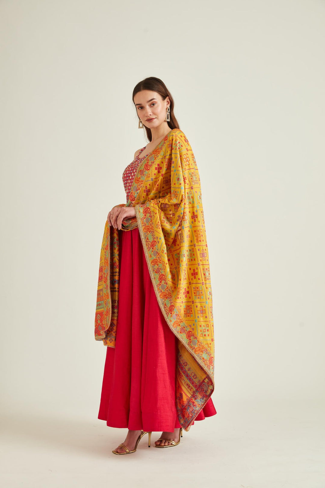 Neerus Pink silk embellished anarkali kurta with dupatta - front view