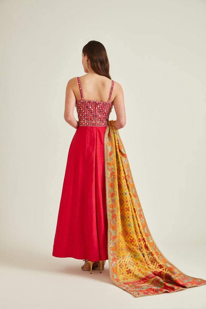 Neerus Pink silk embellished anarkali kurta with dupatta - back view