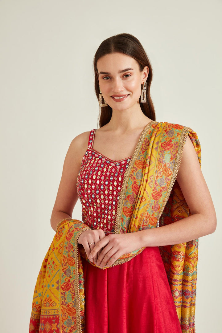 Neerus Pink silk embellished anarkali kurta with dupatta - side view