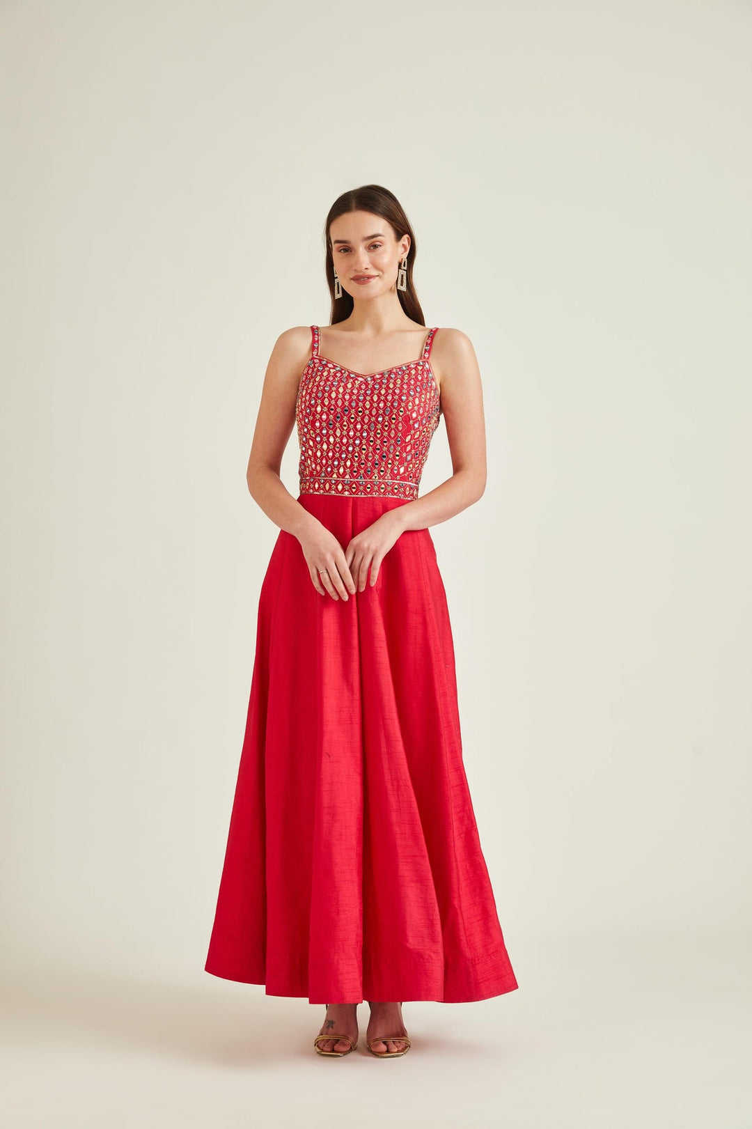 Neerus Pink silk embellished anarkali kurta with dupatta - detail view 1
