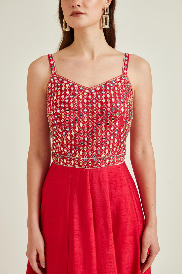 Neerus Pink silk embellished anarkali kurta with dupatta - detail view 2