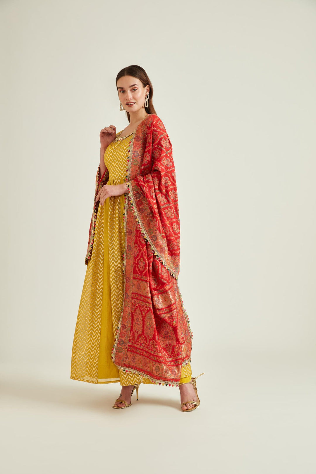 Neerus Yellow Chanderi embroidered Anarkali kurta set - front view