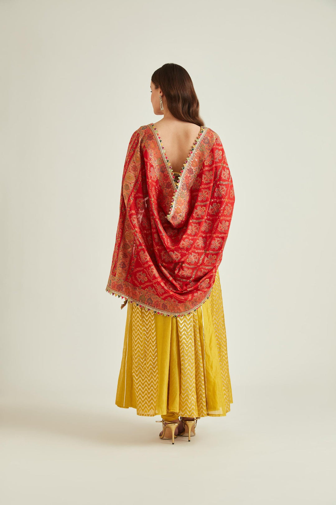 Neerus Yellow Chanderi embroidered Anarkali kurta set - back view