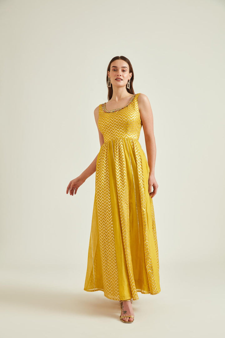 Neerus Yellow Chanderi embroidered Anarkali kurta set - detail view 1