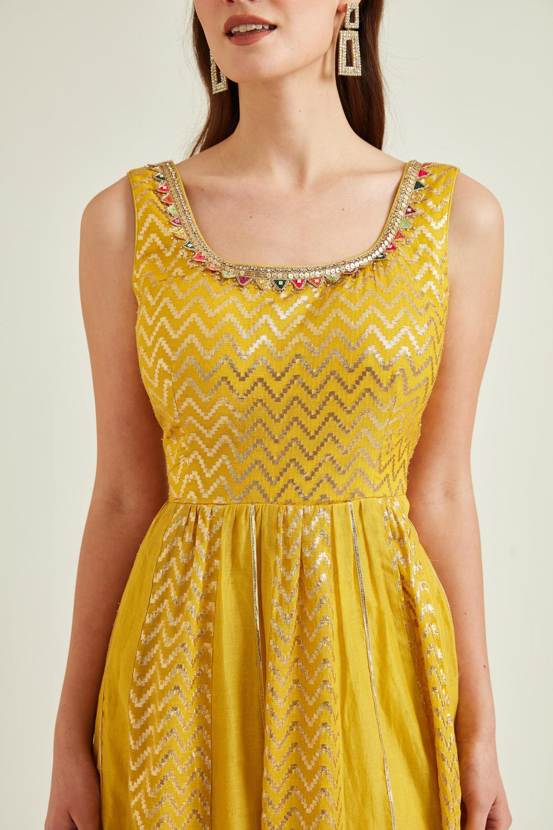 Neerus Yellow Chanderi embroidered Anarkali kurta set - detail view 2