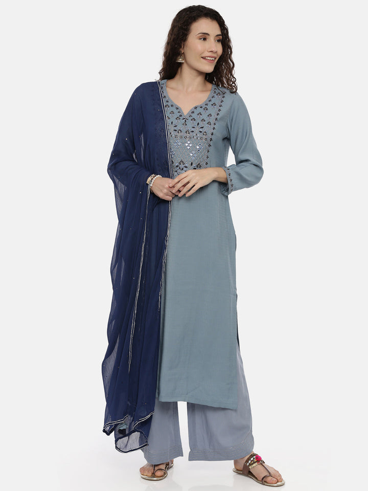 Neerus Blue rayon solid palazzo set - front view