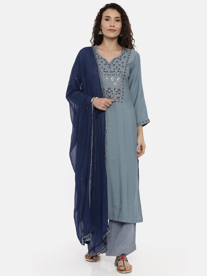 Neerus Blue rayon solid palazzo set - detail view 2
