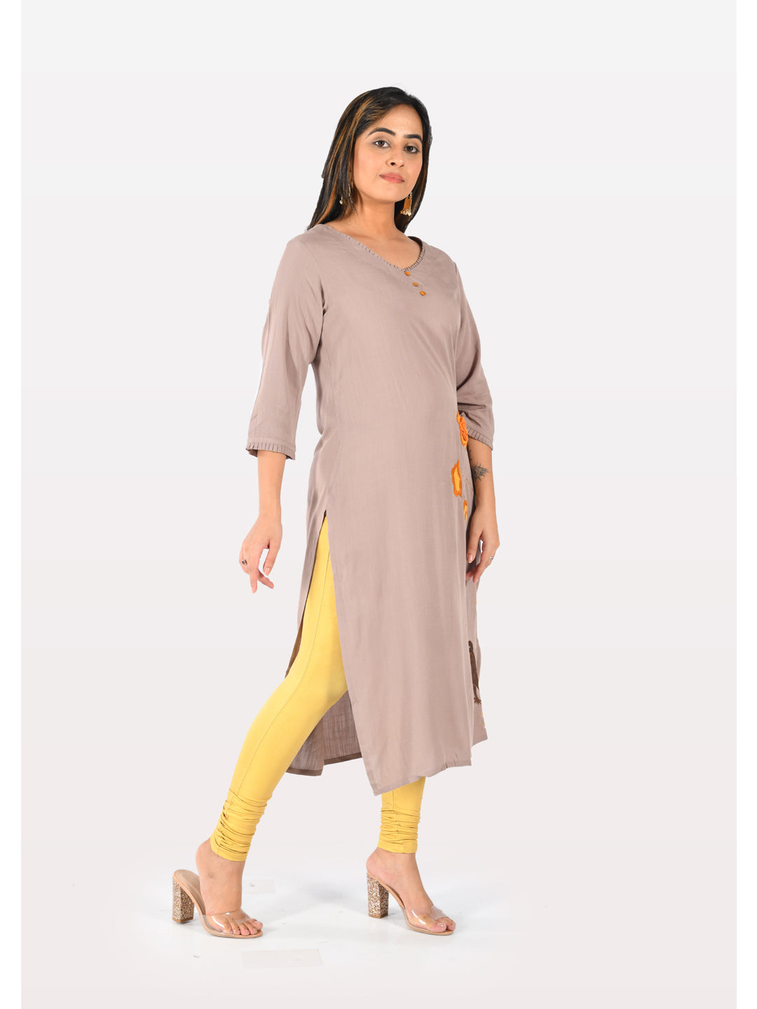 Neerus Grey rayon printed kurti - side view