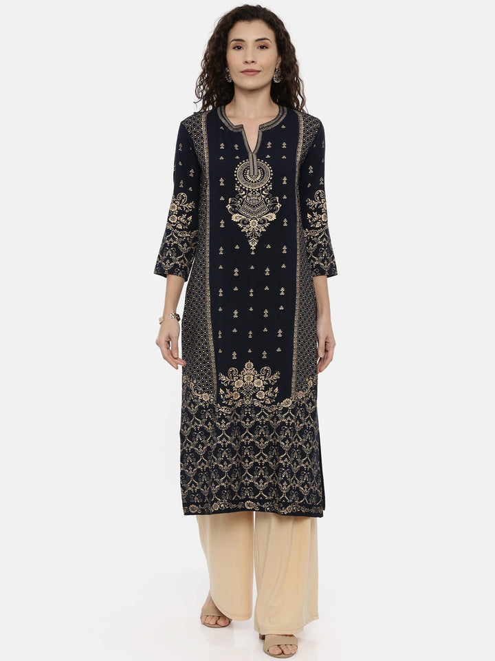 Neerus Blue rayon printed straight kurta - front view