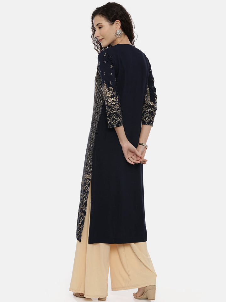 Neerus Blue rayon printed straight kurta - detail view 1