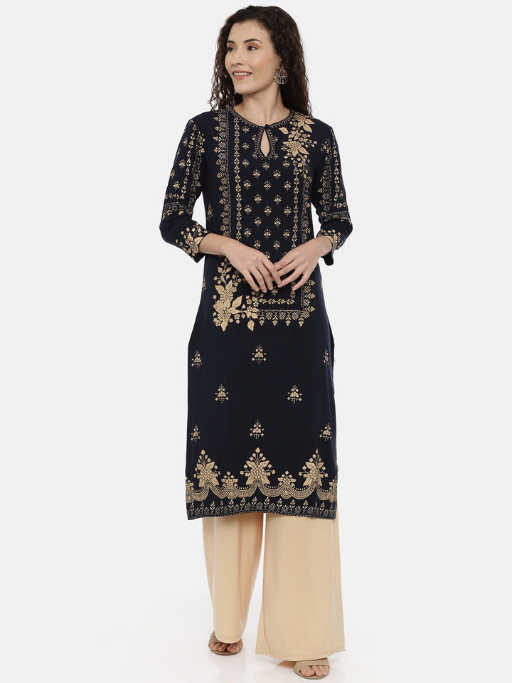 Neerus Blue Rayon Printed Straight Kurta - front view