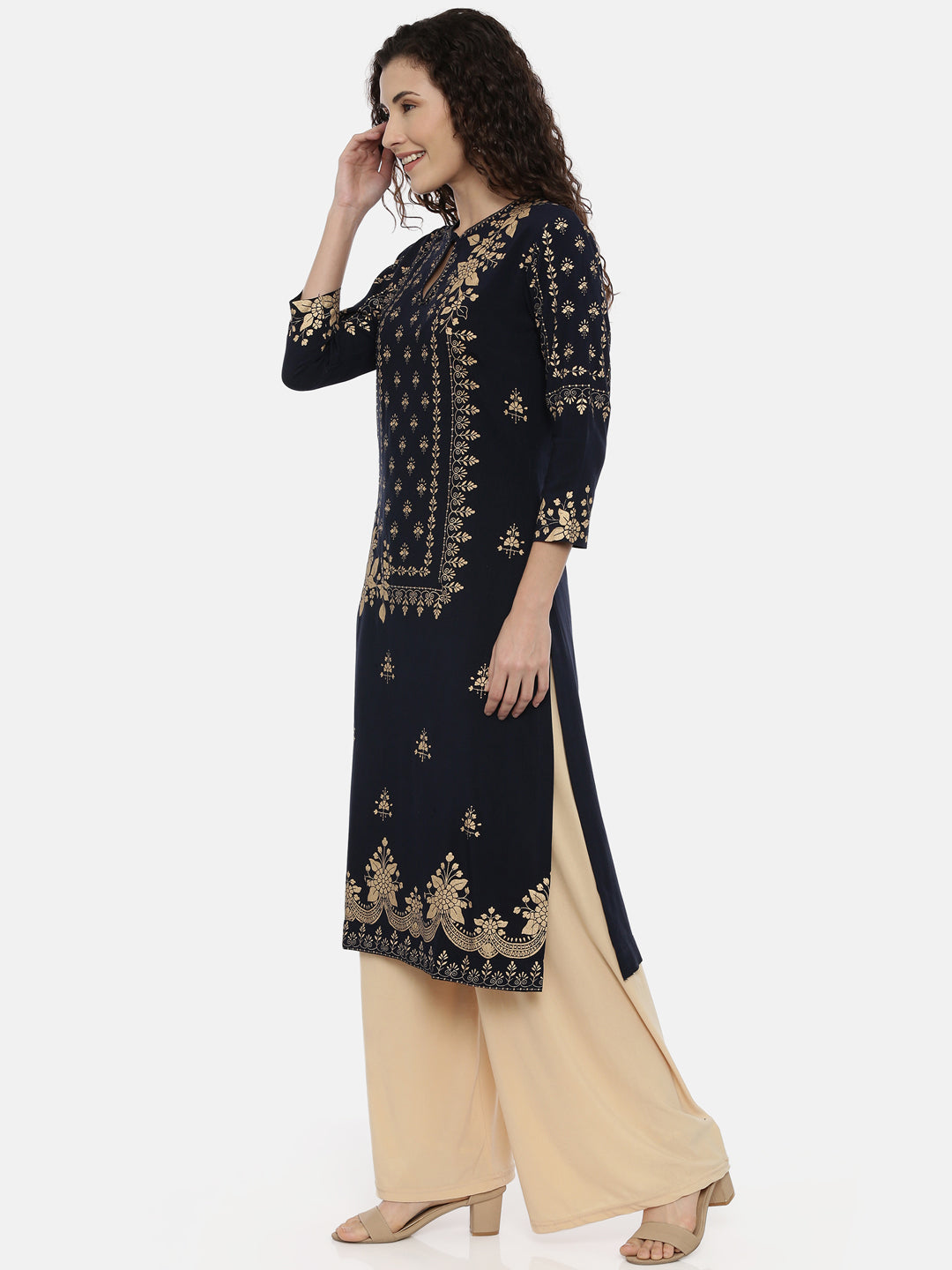 Neerus Blue Rayon Printed Straight Kurta - side view