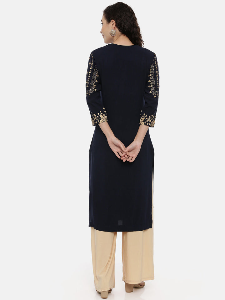 Neerus Blue Rayon Printed Straight Kurta - detail view 1