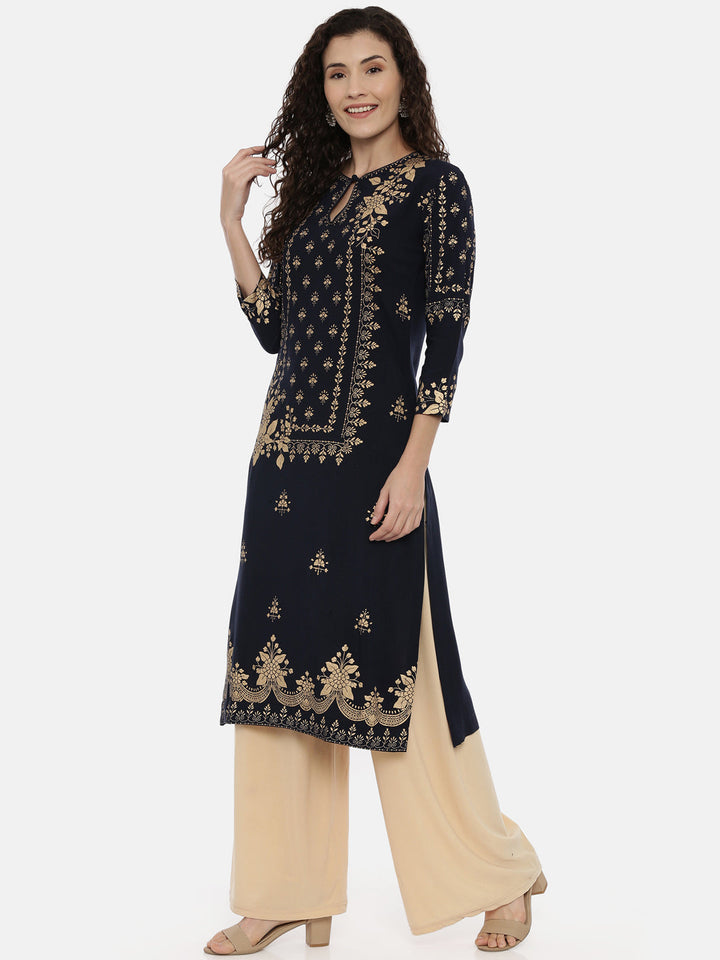 Neerus Blue Rayon Printed Straight Kurta - detail view 2