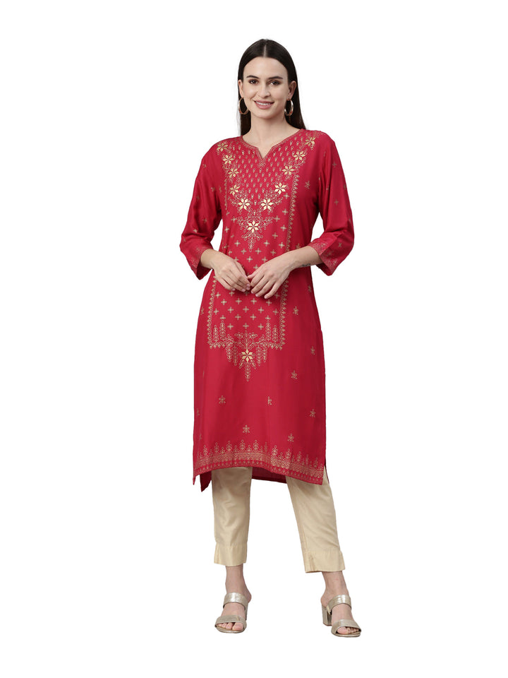 Neerus Pink rayon solid straight kurta - front view