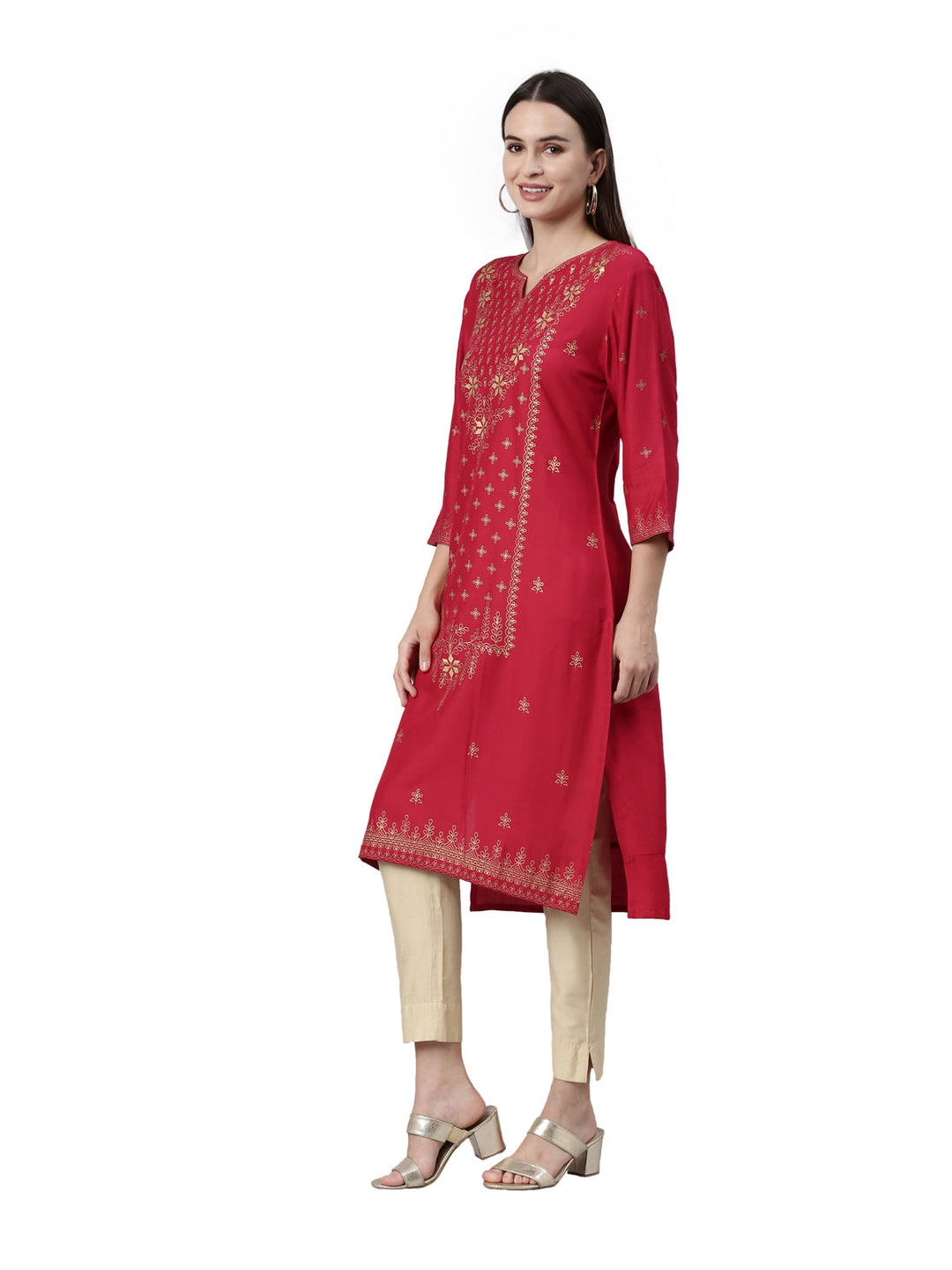 Neerus Pink rayon solid straight kurta - side view