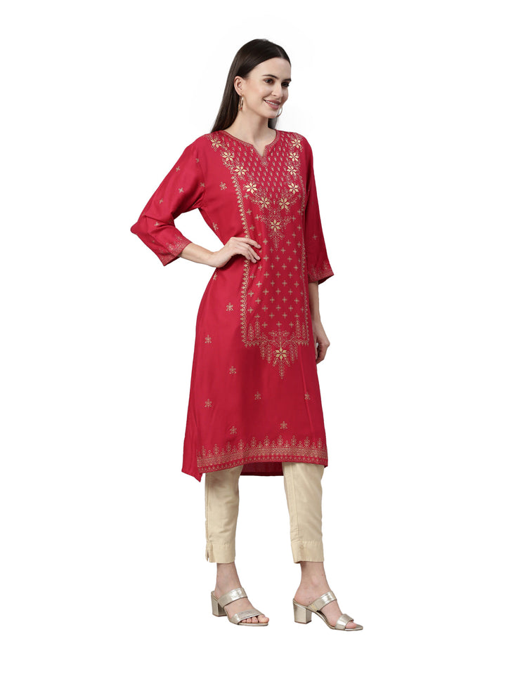 Neerus Pink rayon solid straight kurta - detail view 1