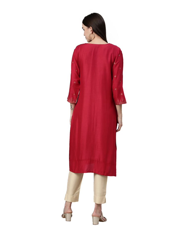 Neerus Pink rayon solid straight kurta - detail view 2