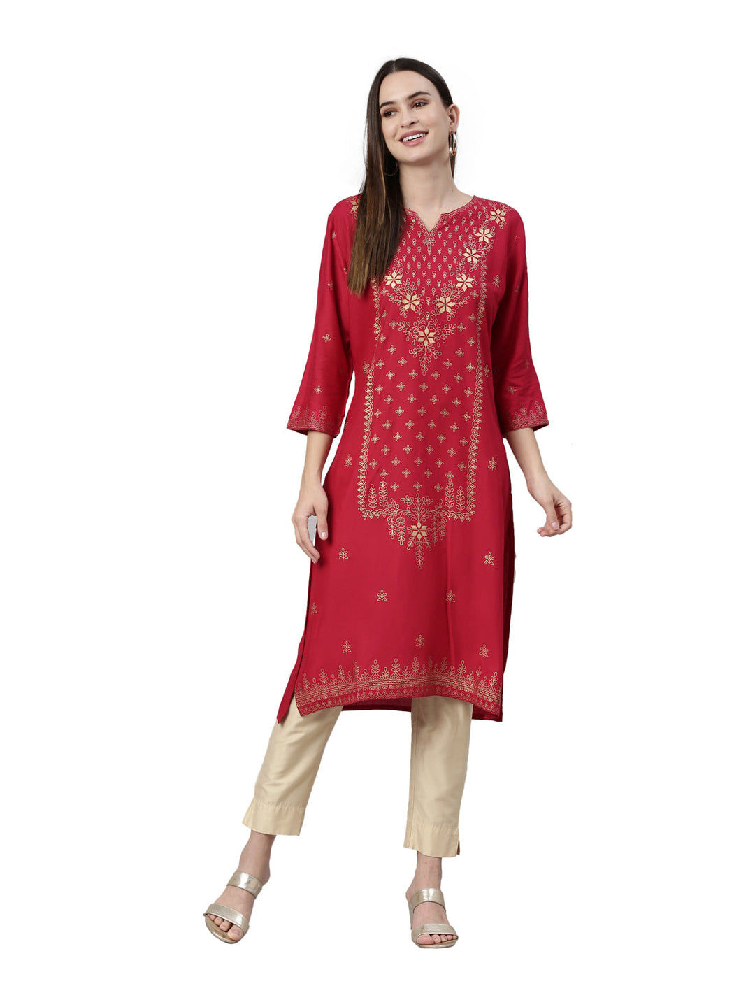 Neerus Pink rayon solid straight kurta - detail view 3