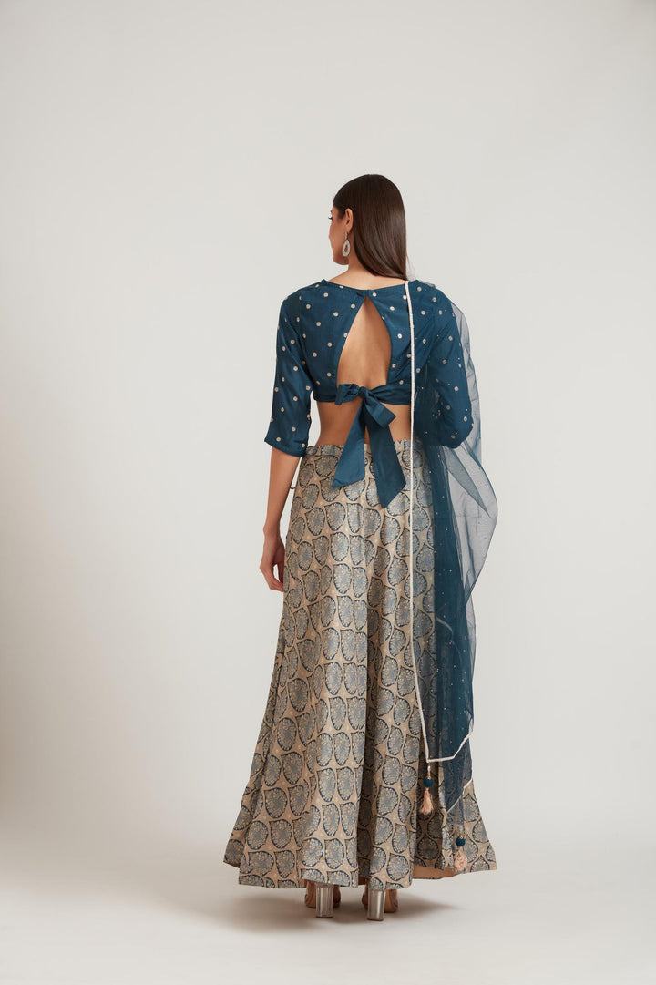 Neerus Blue silk embellished lehenga ghagra set - detail view 1