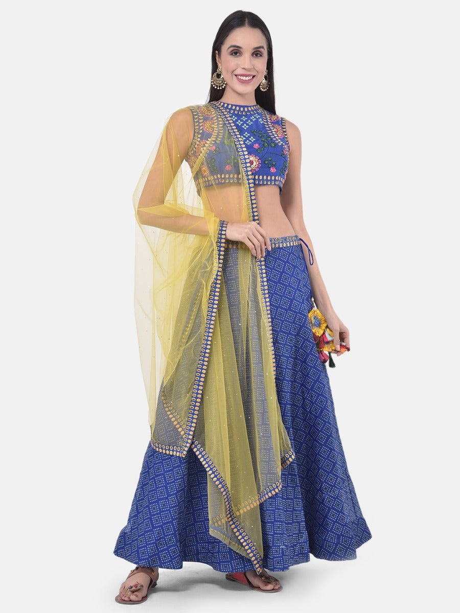 Neerus Blue cotton embroidered lehenga set - front view