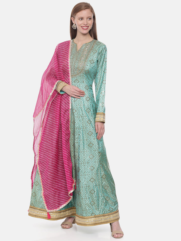 Neerus Green Georgette Embellished Anarkali Suit Set - front view