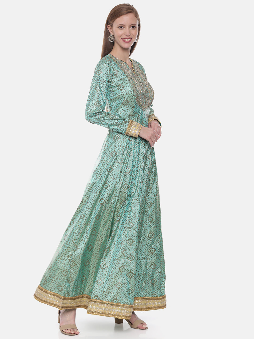 Neerus Green Georgette Embellished Anarkali Suit Set - detail view 1