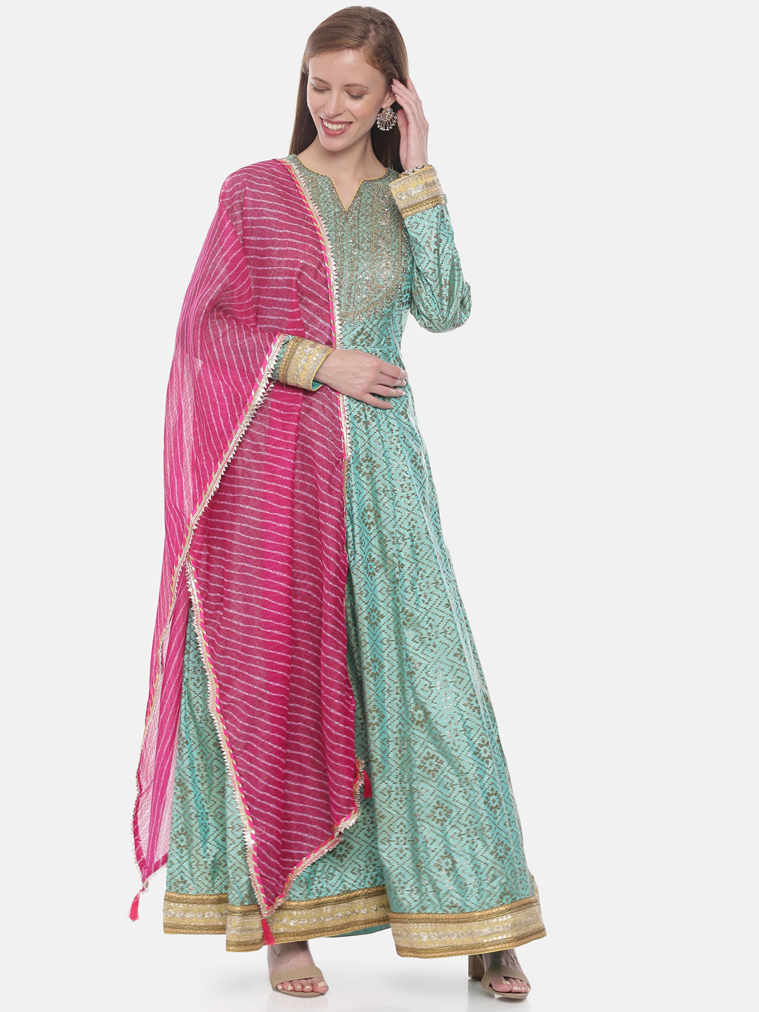 Neerus Green Georgette Embellished Anarkali Suit Set - detail view 3