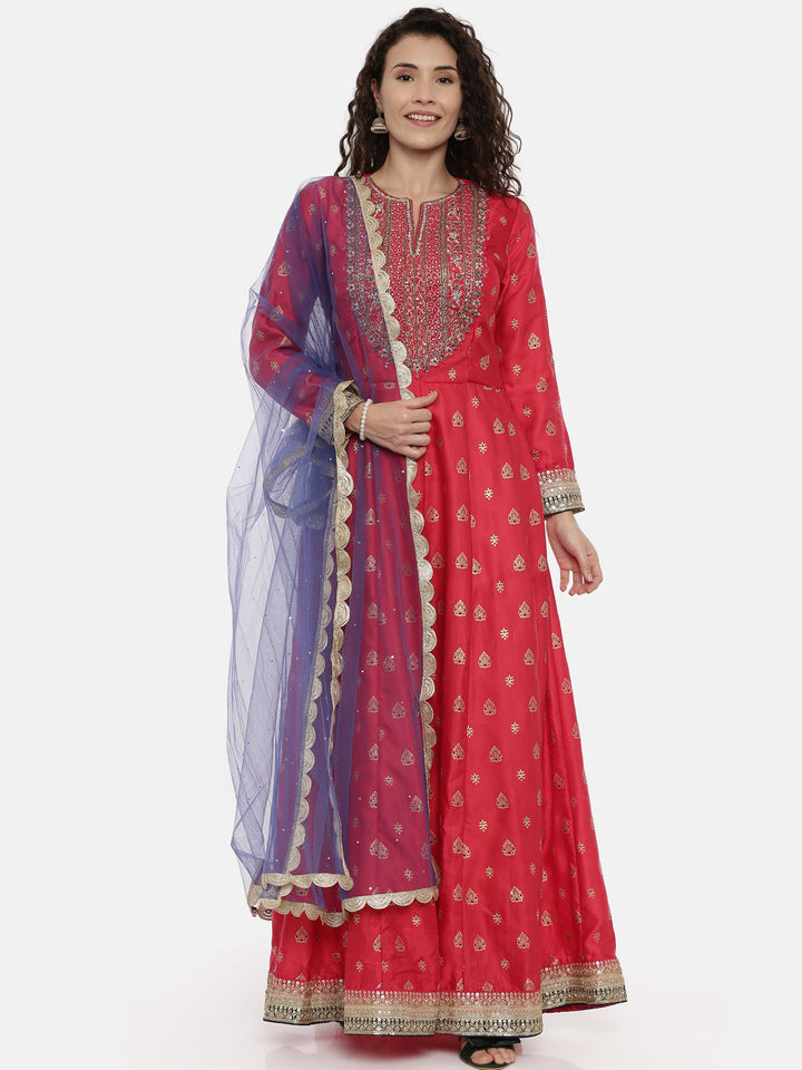 Neerus Red satin embellished anarkali suit set - front view