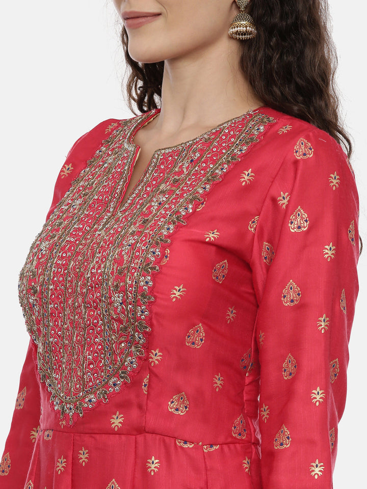 Neerus Red satin embellished anarkali suit set - back view