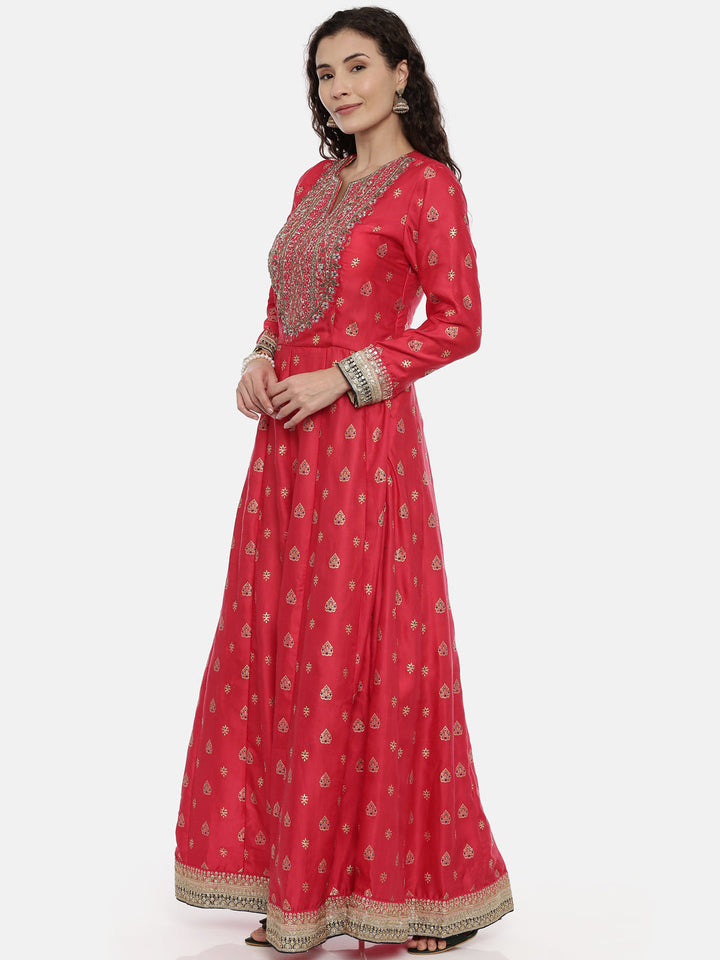 Neerus Red satin embellished anarkali suit set - side view