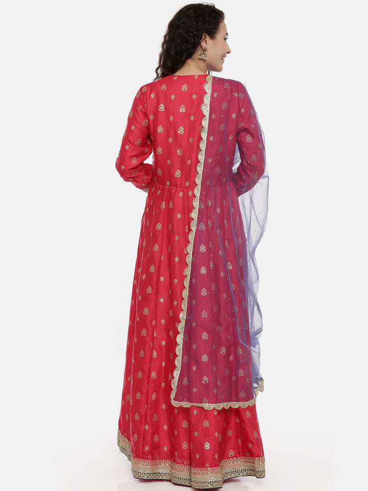 Neerus Red satin embellished anarkali suit set - detail view 1