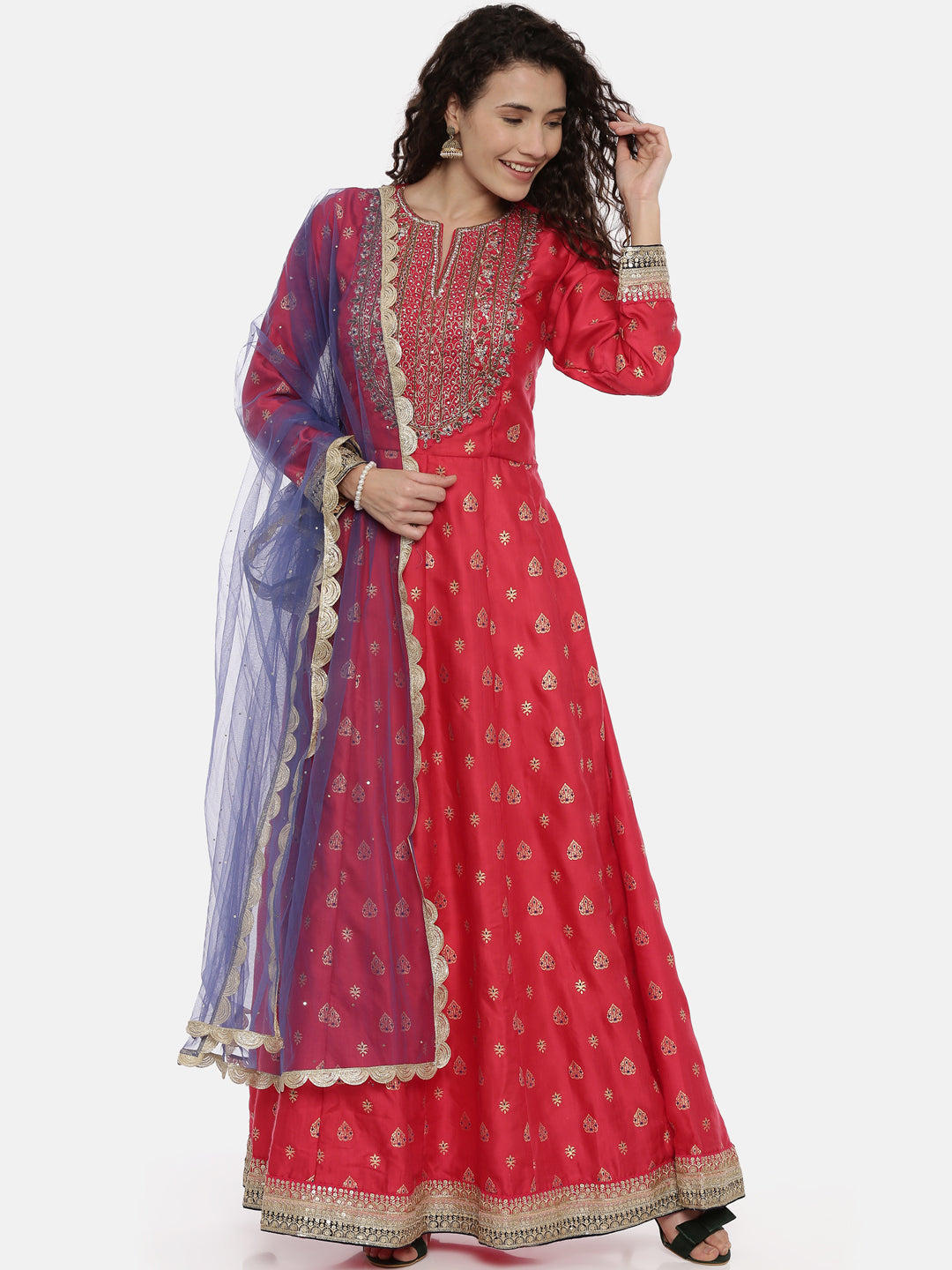 Neerus Red satin embellished anarkali suit set - detail view 2