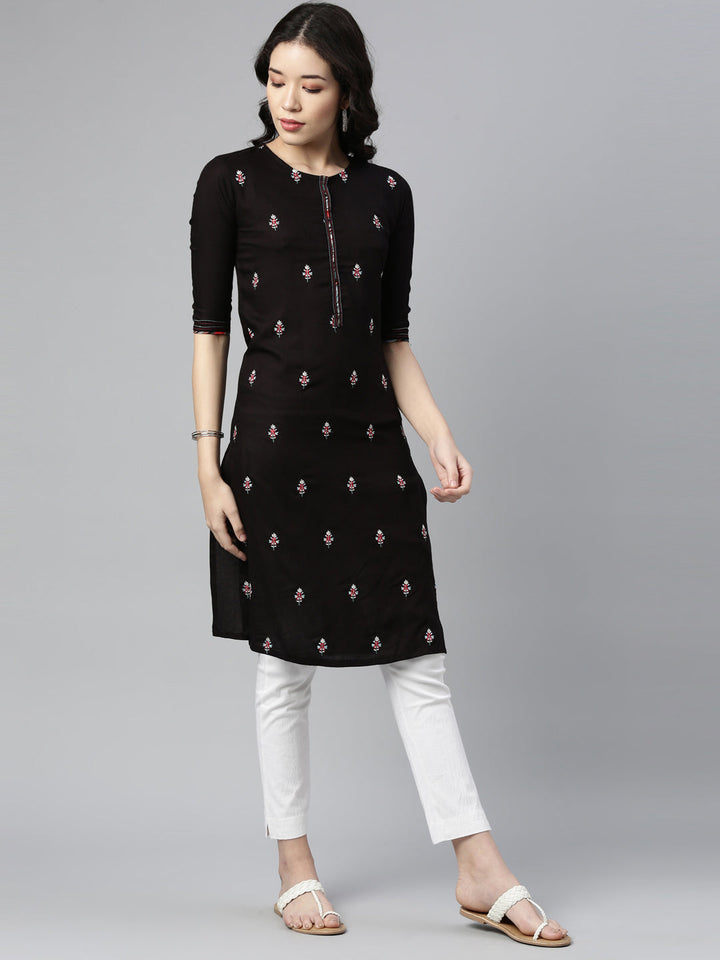 Neerus Black Rayon Thread Embroidered Kurta - front view