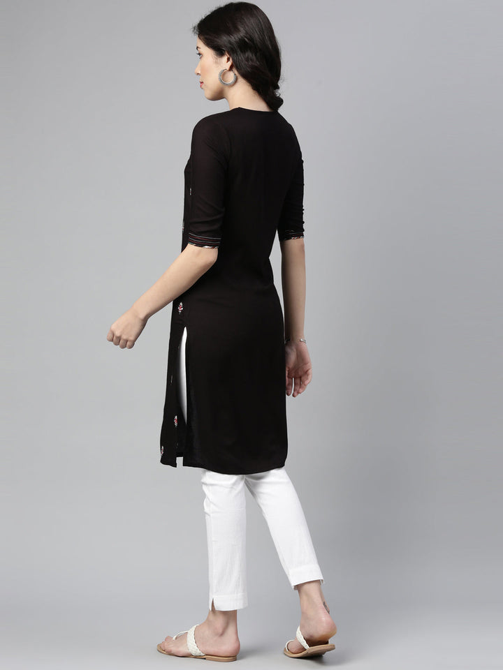 Neerus Black Rayon Thread Embroidered Kurta - back view