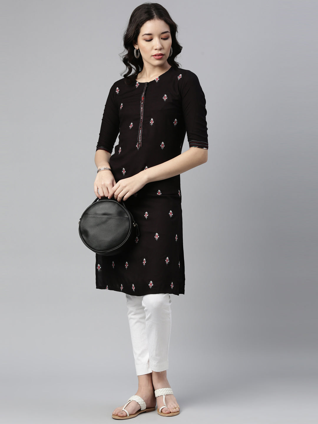 Neerus Black Rayon Thread Embroidered Kurta - detail view 1