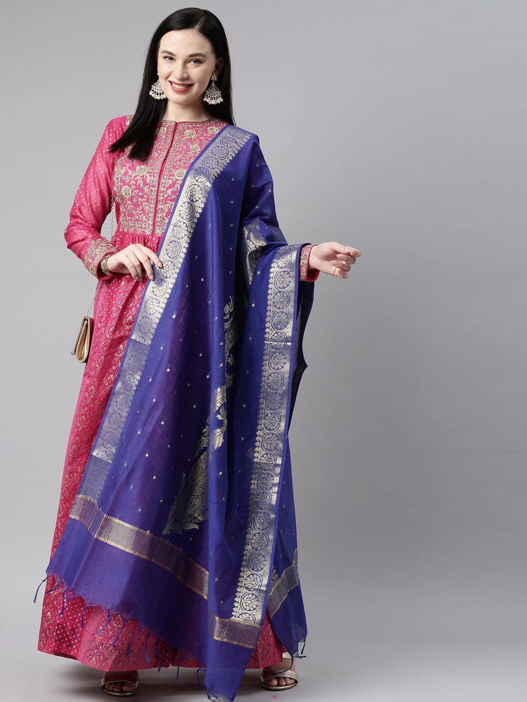 Neerus Pink Chanderi Cotton Embroidered Anarkali Kurta Set - front view