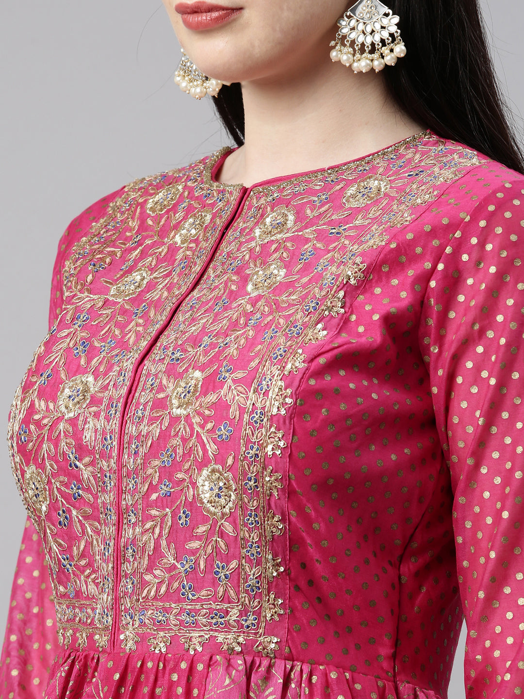Neerus Pink Chanderi Cotton Embroidered Anarkali Kurta Set - back view